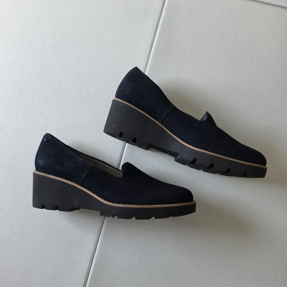 Vionic Willa Wedge Shoes Womens Size 10 Blue Suede Slip On Lug Sole Comfort